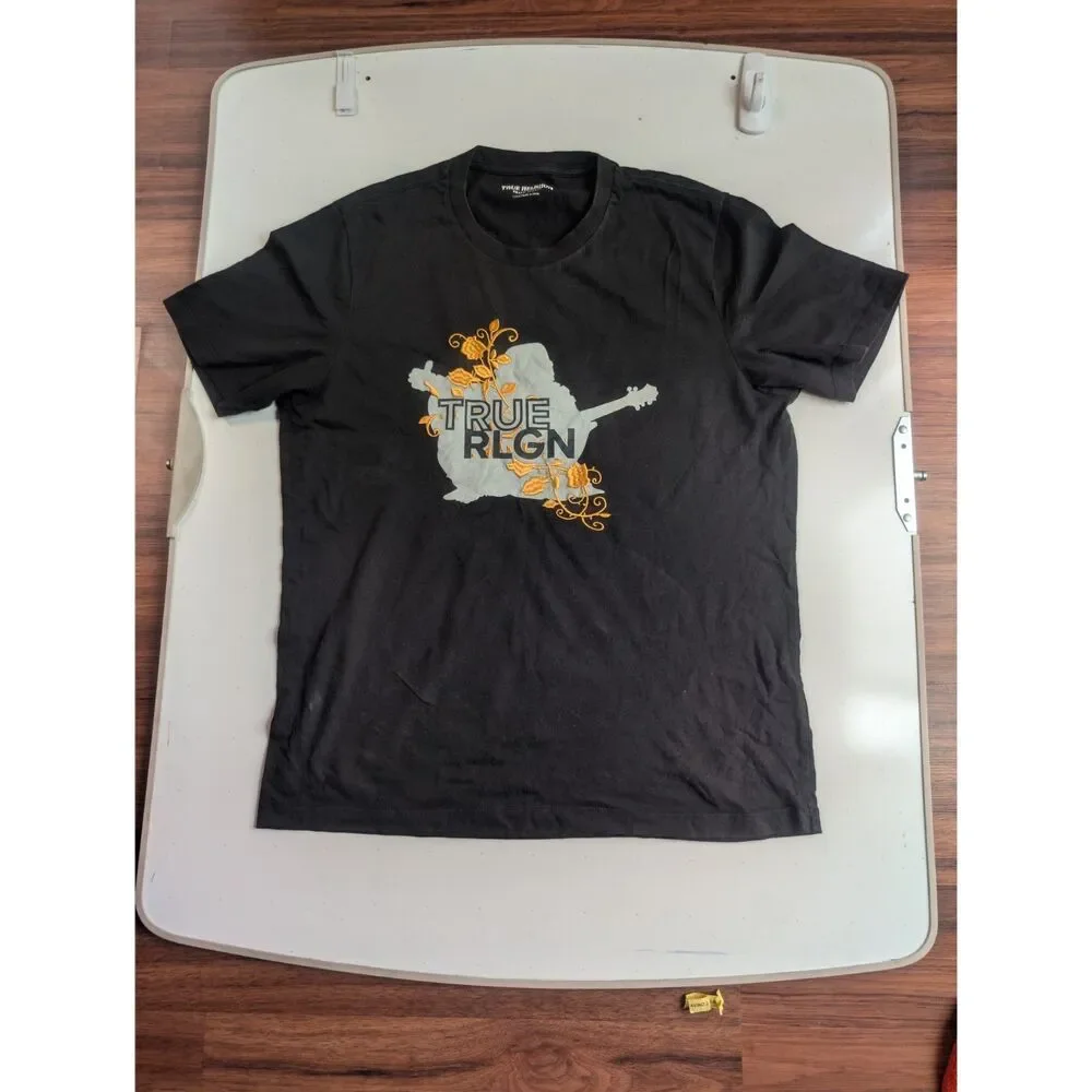 True Religion Men's Large Vines Guitar Buddha Graphic T-Shirt Black